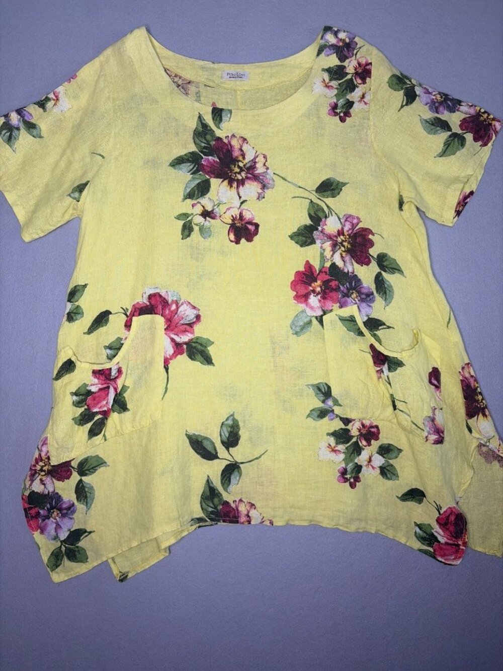 Puro Lino 100% Linen Tunic Blouse Floral OS Summer Italian